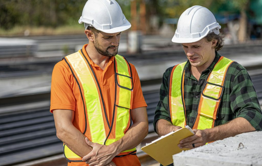 Site supervisor and engineer in hard hats reviewing a clipboard