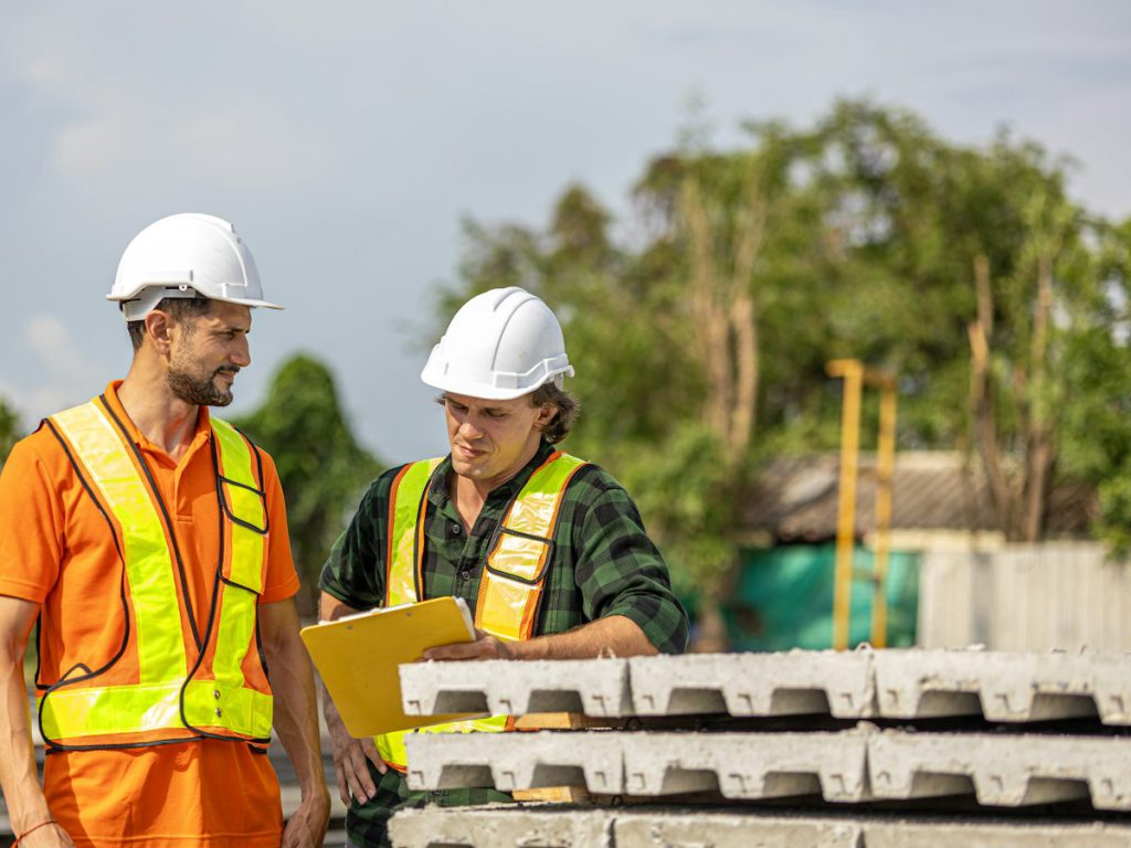 Two engineers in hard hats and safety vests reviewing plans on a job site