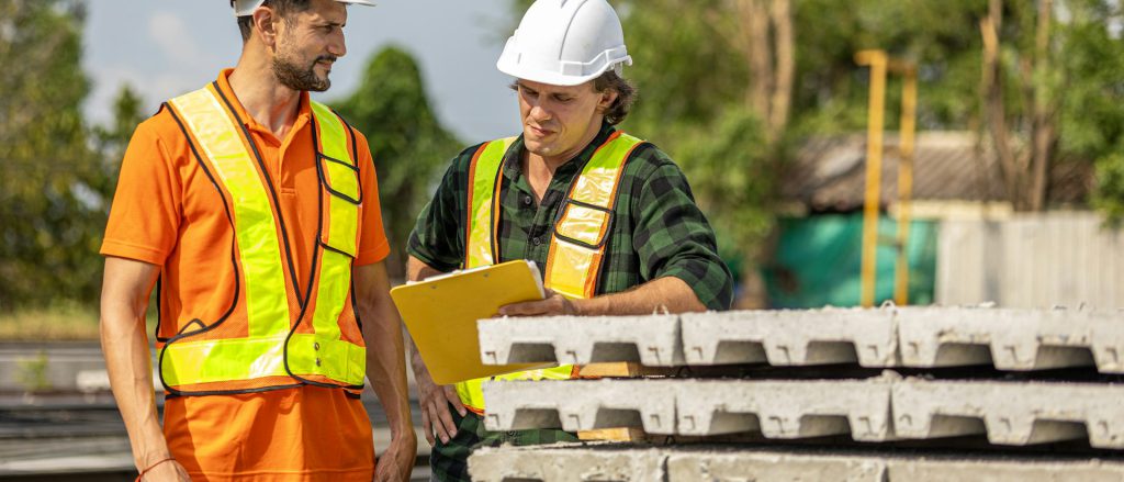 Two engineers in hard hats and safety vests reviewing plans on a job site